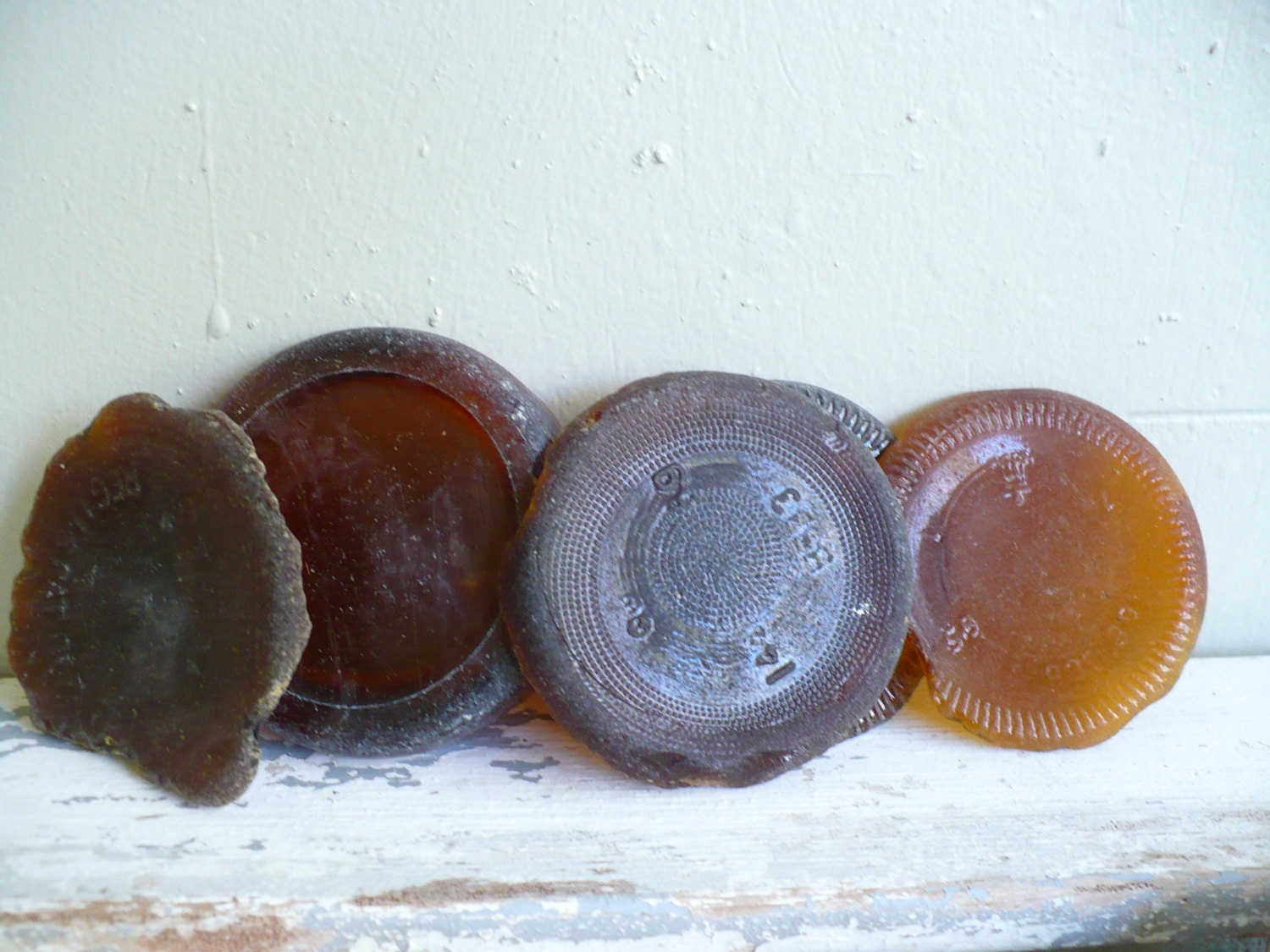 BOTTOMS UP...five sea glass pieces, bottle bottoms-brown seaglass artifacts- supplies collection