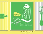 Kitchen Wall Art - Cheese Grater, Whisk, Rolling Pin - Spin Me Round - Whip It - Just Roll with It - Funny Signs - Three 8x10 Art Prints