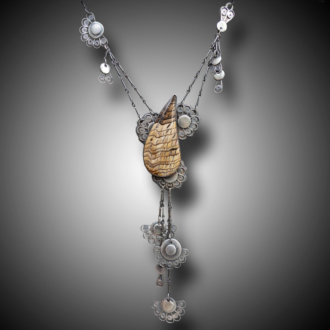 Sterling Silver Necklace with Petrified Wood Cab and lots of dangle