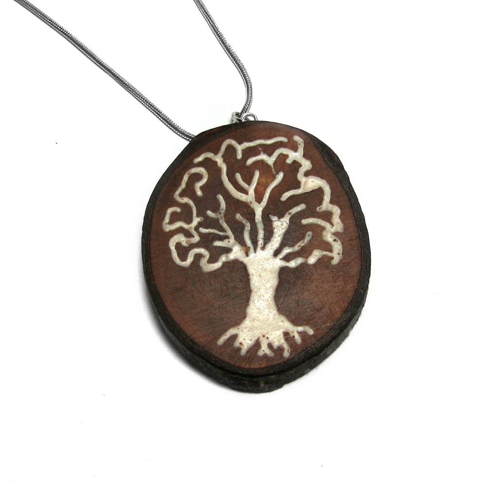 Mother of Pearls Tree of Life Round Bradford Pear Wood Pendant Necklace by Tanja Sova