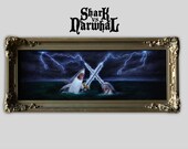 Shark vs Narwhal ORIGINAL oil painting complete with rare antique gold ornate frame