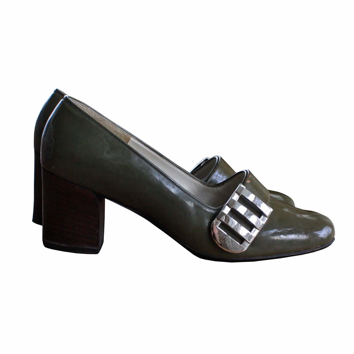 60's Vintage Mod Olive Green Patent Leather Buckle Shoes