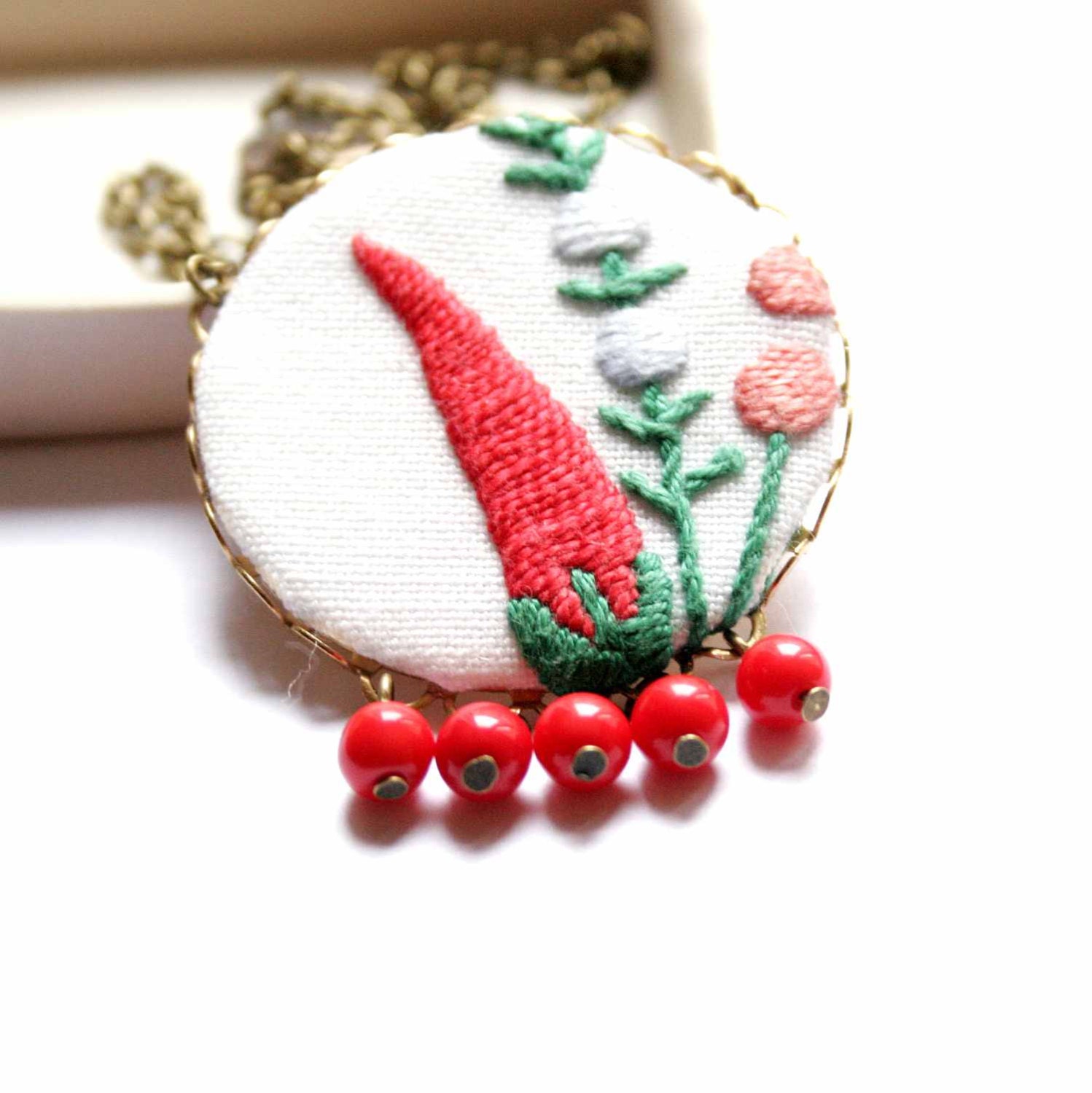 Necklace in Red and Green  with Folk Art Embroidery - Modern Hungary series - Paprika