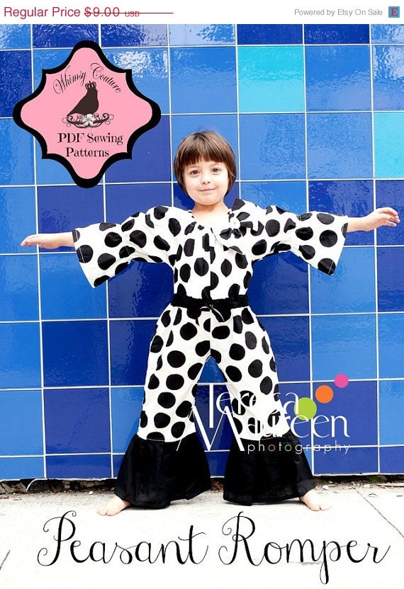 On Sale 2.50 Off Whimsy Couture Sewing Pattern Tutorial PDF -- Peasant Romper --newborn through 8 girls w. ruffles and more options Instant