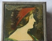 Antique Art Nouveau Lady Tin and Wood Jewelry or Trinket Box Early 1900's