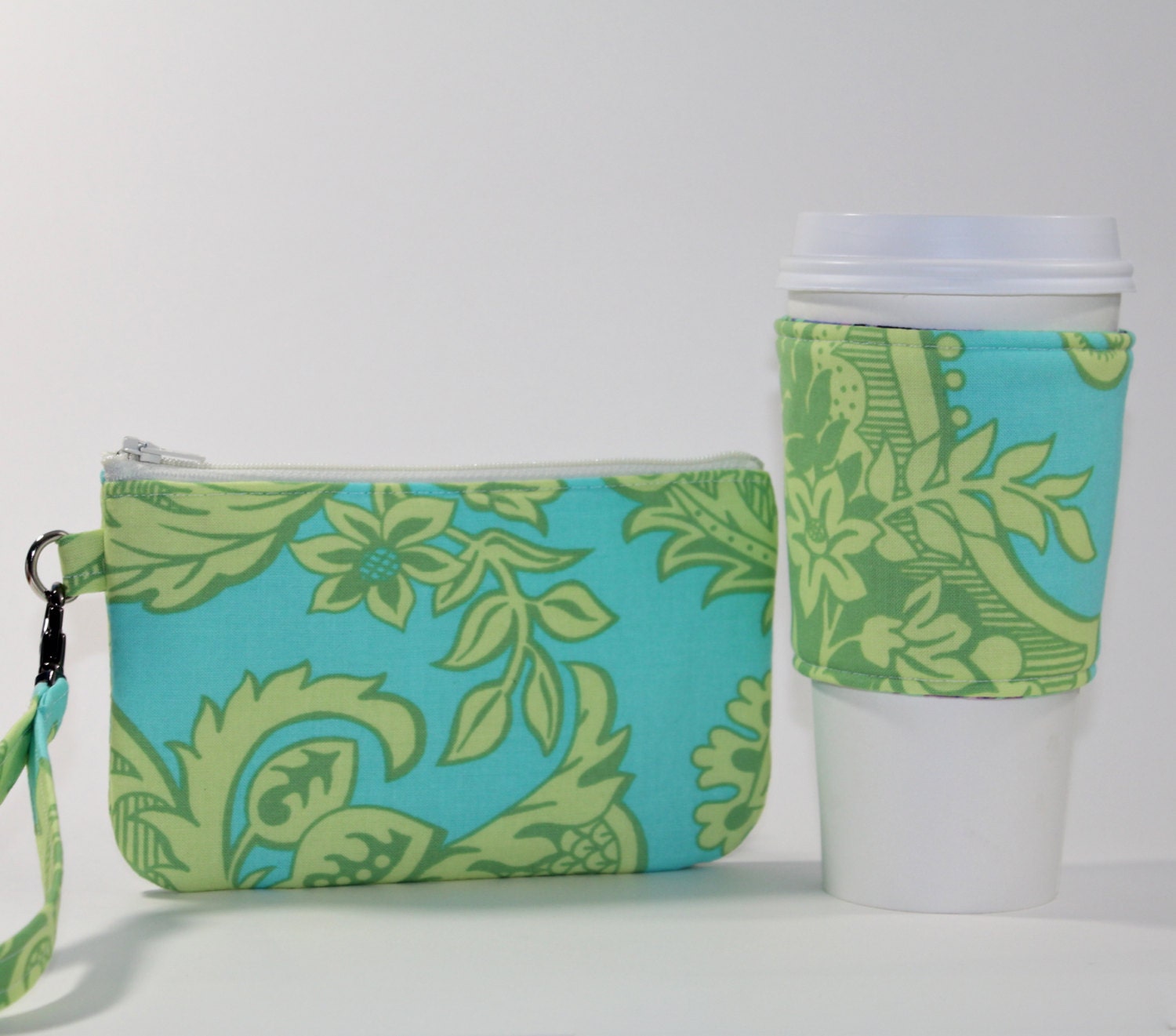 Coffee Break Gift Set - Wristlet and Reversible Coffee Sleeve - Lime and Aqua