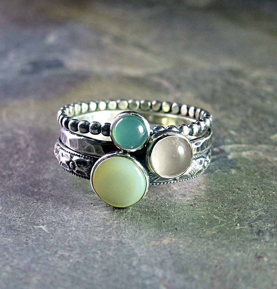 Stacking rings pattern wire gemstone sterling stackable silver rose quartz chrysoprase mother of pearl - Spun Sugar