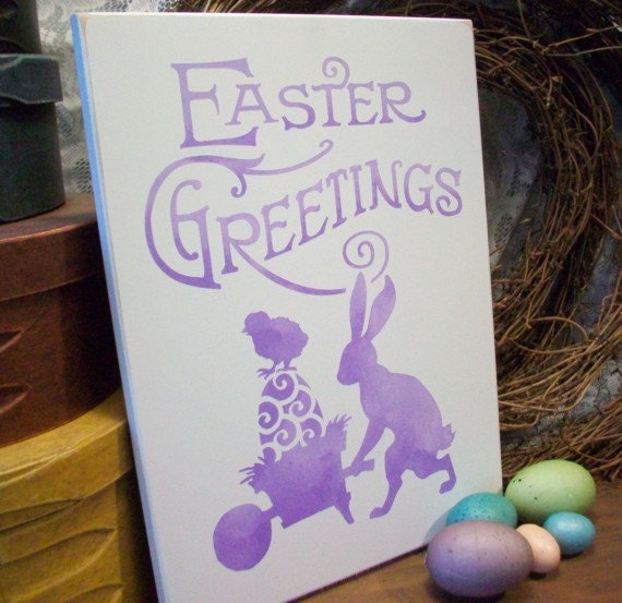 Easter Greetings Wood Sign Painted Vintage Look Welcome Wall Decor
