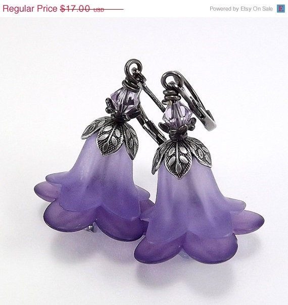 SALE Gunmetal Earrings - Lucite Lavender Trumpet Flowers