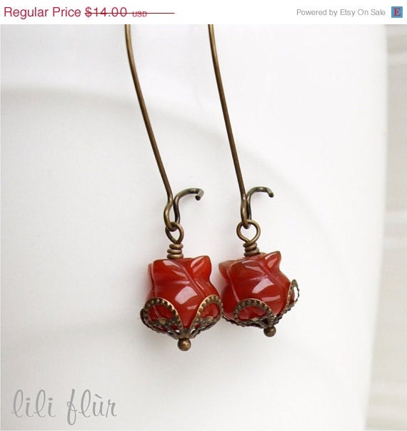 SALE Antique Brass Earrings - Hand Carved Carnelian Tulips