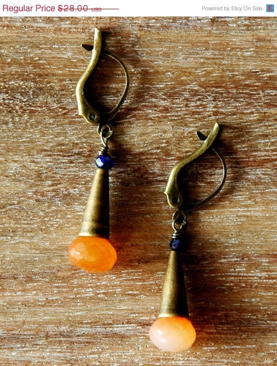 Summer Sale 10% Off Antiqued Brass Pyramid Earrings with Carnelian Gemstones and Royal Blue Swarovski Crystals
