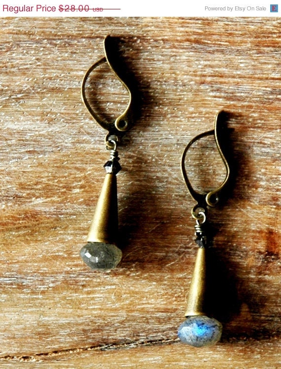 Summer Sale 10% Off Antiqued Brass Pyramid Earrings with Labadorite Gemstones and Iridescent Blue Swarovski Crystals