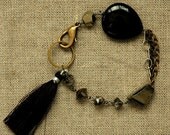 Summer Sale 10% Off Diamond Quartz Pyrite and Onyx Gemstone Bracelet with Sterling Silver with Antique Brass Chain