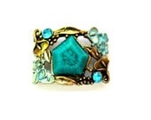 BEAD, metal jewel bead  with turquoise trim and rhinestones with flowers retro vintage style