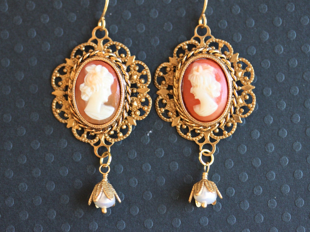 Lady Cameo Earrings, Long Cameo Earrings, Golden Earrings, Victorian Jewelry