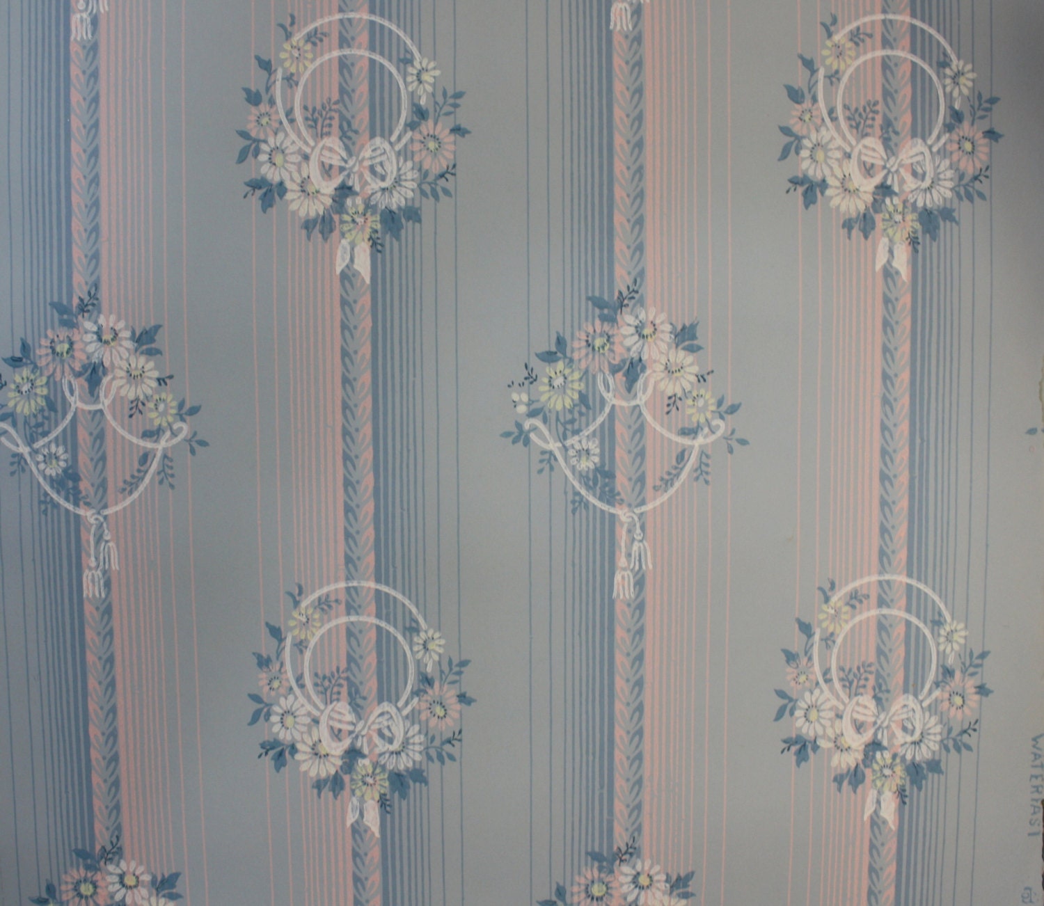 1930's Vintage Wallpaper Pink and Blue floral stipe wallpaper pretty little flowers