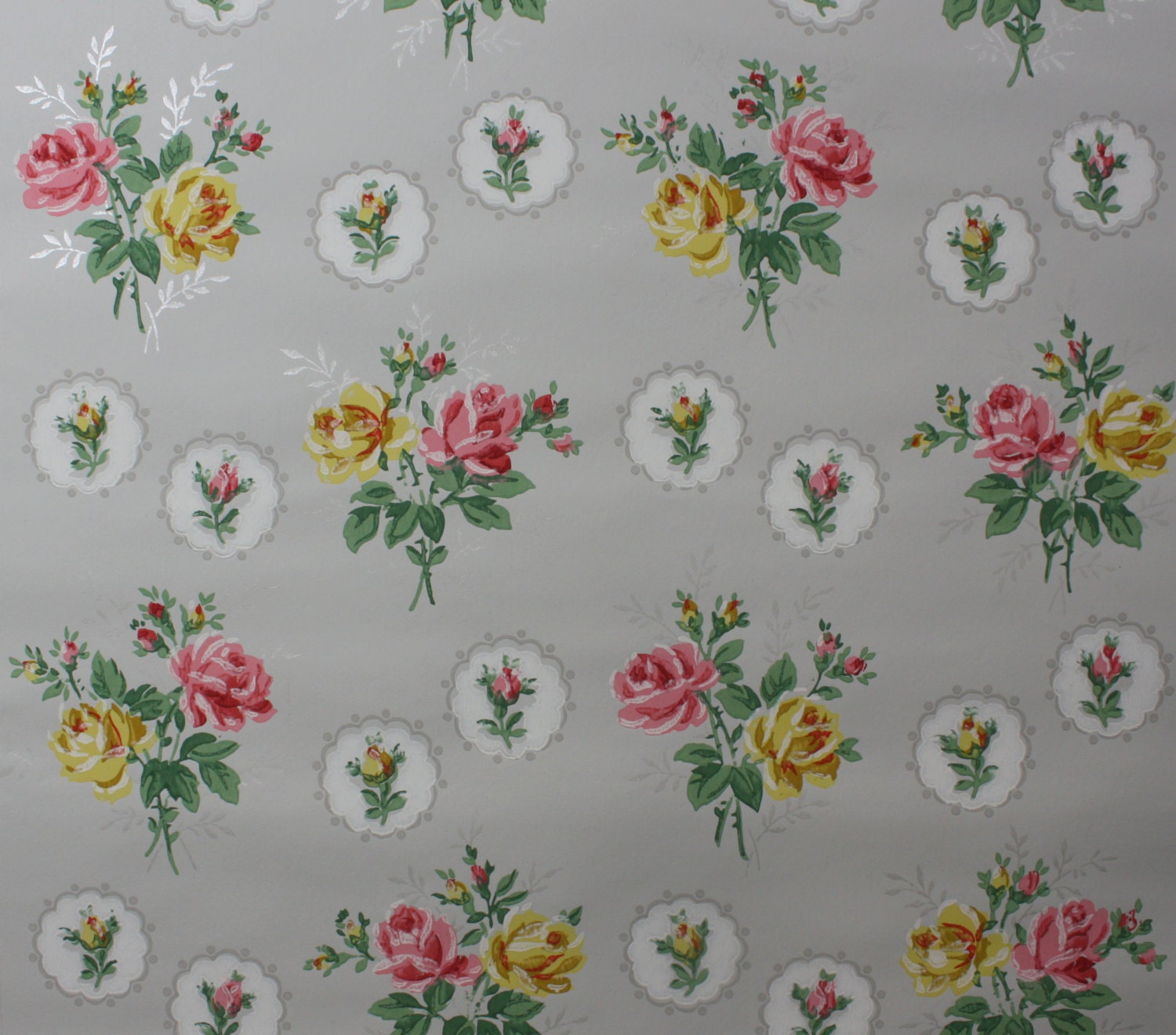 1940's Vintage Wallpaper pink and Yellow roses on gray background so pretty