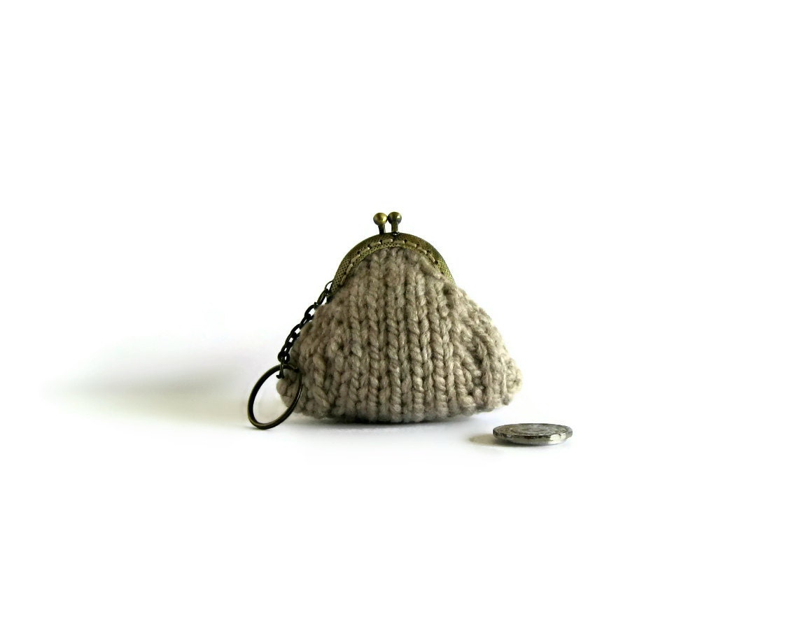 Khaki Kiss Lock Coin Purse with Keychain Knitted in Acrylic Wool Blend Yarn