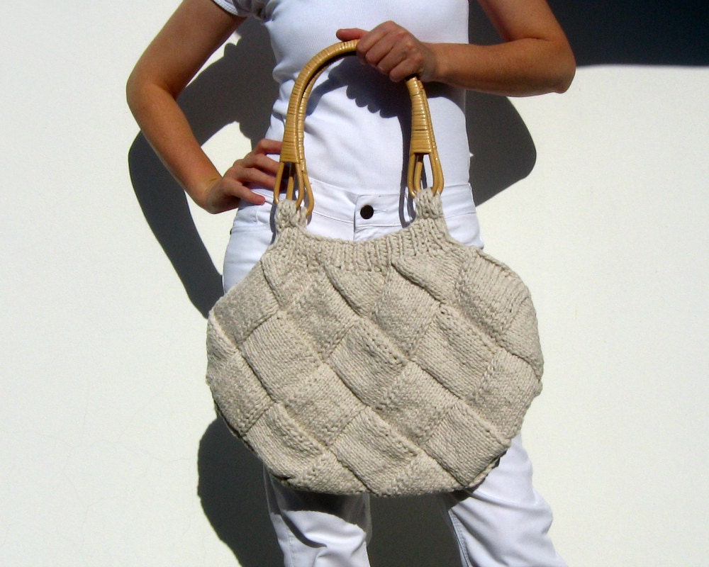 Bag Knitted in Crude White Cotton with Rattan Handles