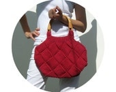 Cerise Red Beach Bag Knit in Cotton with Rattan Handles