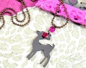 LIL BAMBI - Bronze Mirrored Acrylic Deer Charm Necklace With Fuchsia Rose