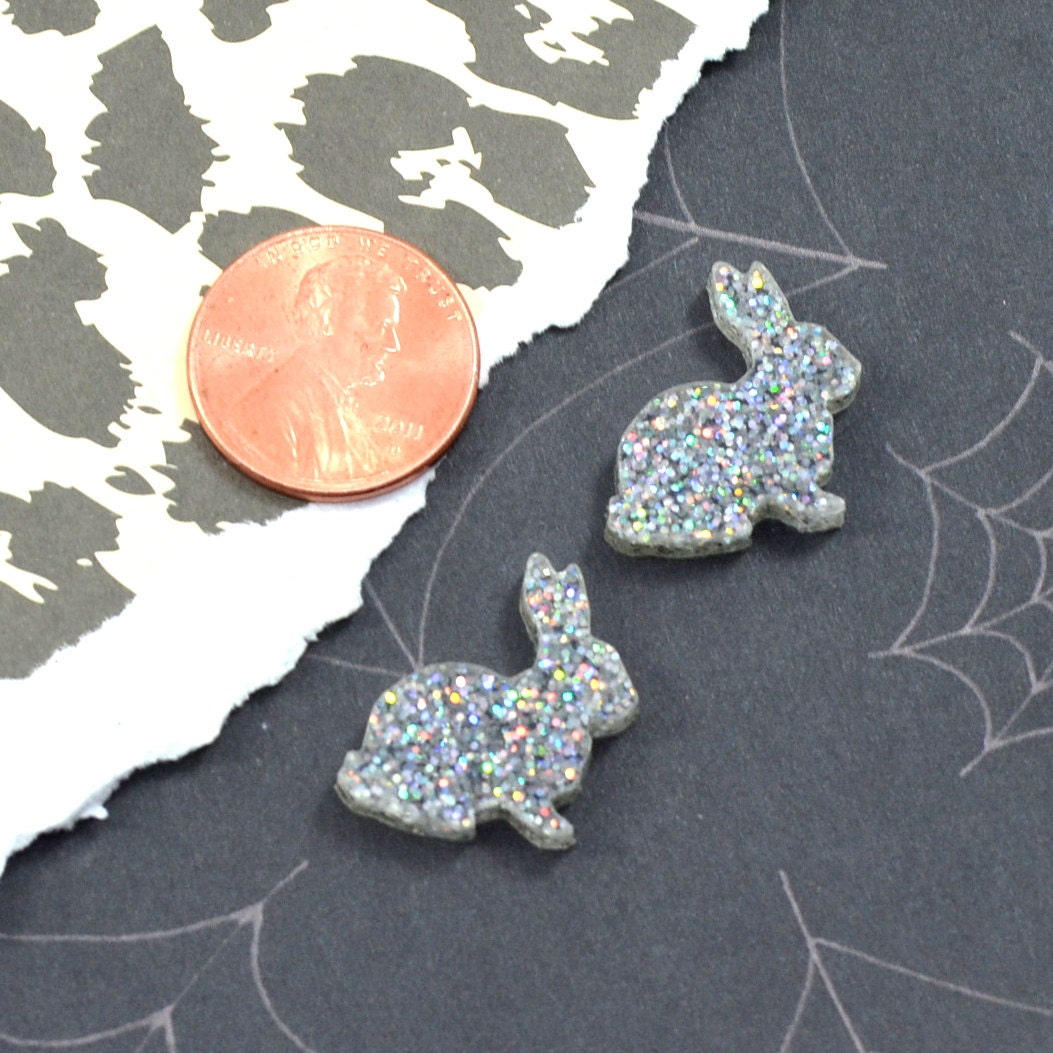 SNOWFLAKE GLITTER BUNNIES - Laser Cut Acrylic Cabochons - Set of 2
