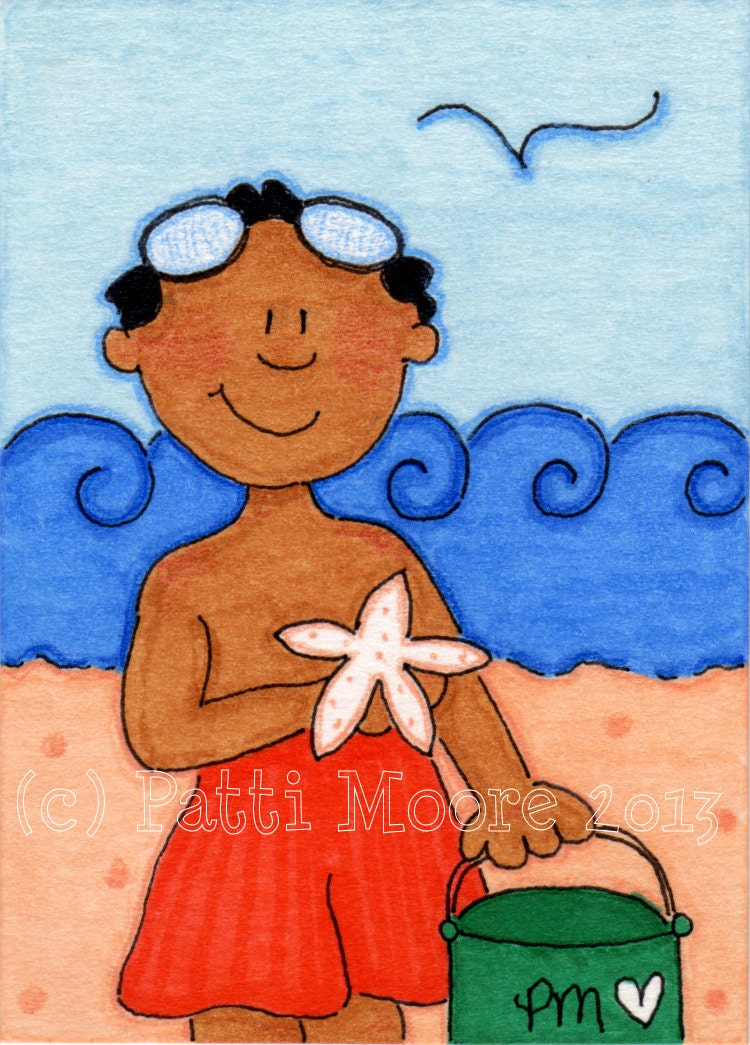 ACEO Original Illustration - Folk Art - Cute Whimsical - 2.5" x 3.5" - The Beachcomber