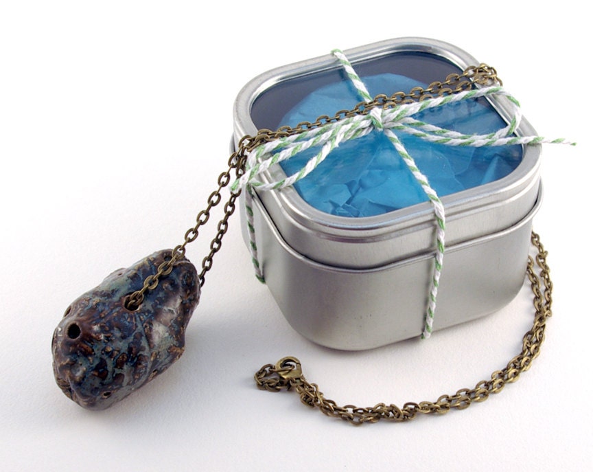 Ceramic Necklace, Asteroid Focal Bead in Mottled Brown and Blue