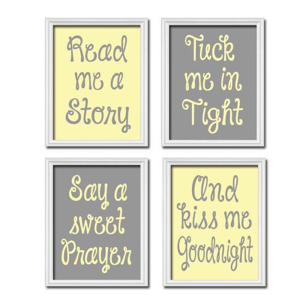 Cute Yellow Gray Grey Kiss Me Goodnight Quote Crib Nursery Song Print Artwork Set of 4 Prints Wall Decor Art Picture