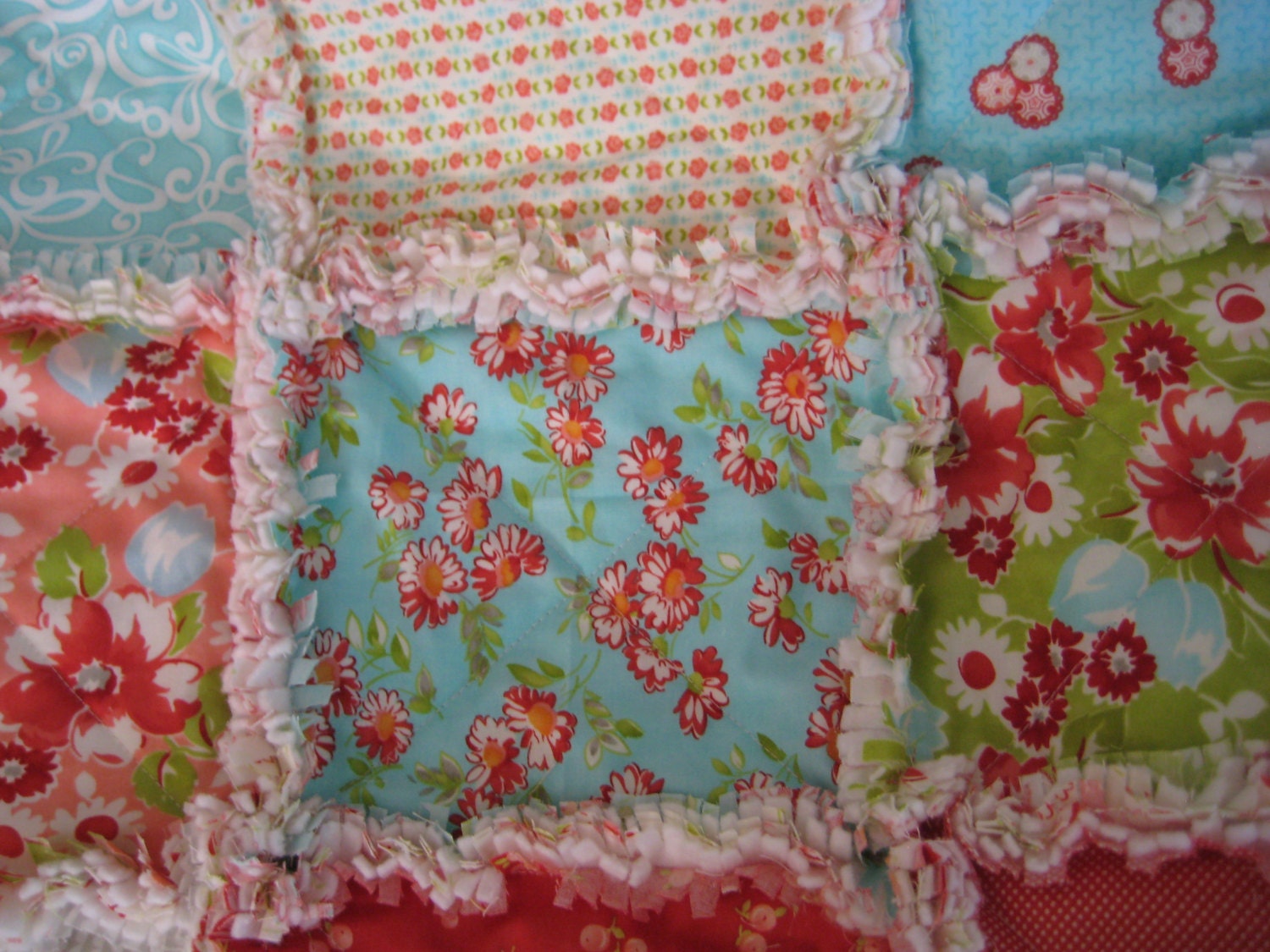 Baby Rag Quilt Blanket Crib Size - Ruby - Peach Aqua Green Red Gray