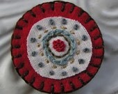 Embroidered Felt Circle Pin - Felt and Linen Brooch - Joyful - Red and Slate Petite Brooch