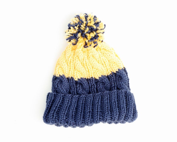 Pom Pom UCLA School Spirit Knit Hat - Fold Brim Cable Watchcap - Acrylic Yarn - Sunshine Yellow and Dark Country Blue