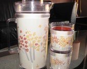Vintage MOD 60s Audrey Tree Motif Plastic Pitcher and Tumbler Glasses Glass Set