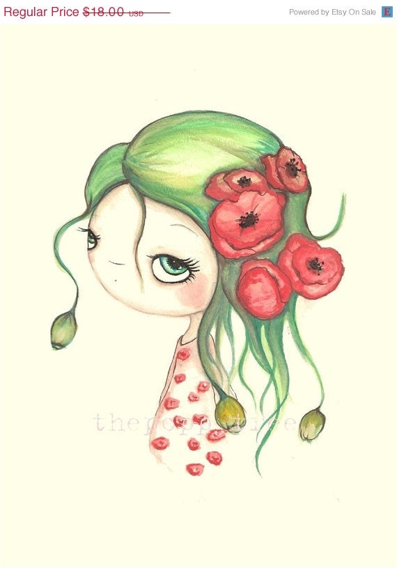 Poppy Print Flower Girl---Red Whimsical Poppy Portrait ---Poppies