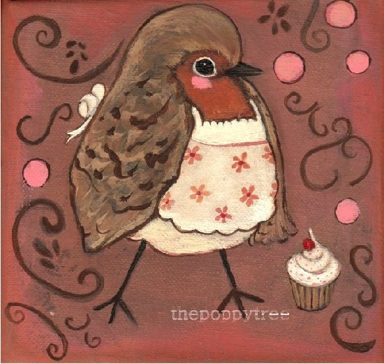 Robin Painting Bird Art Baker Apron Pink Party Cupcake Original Painting 6 x 6