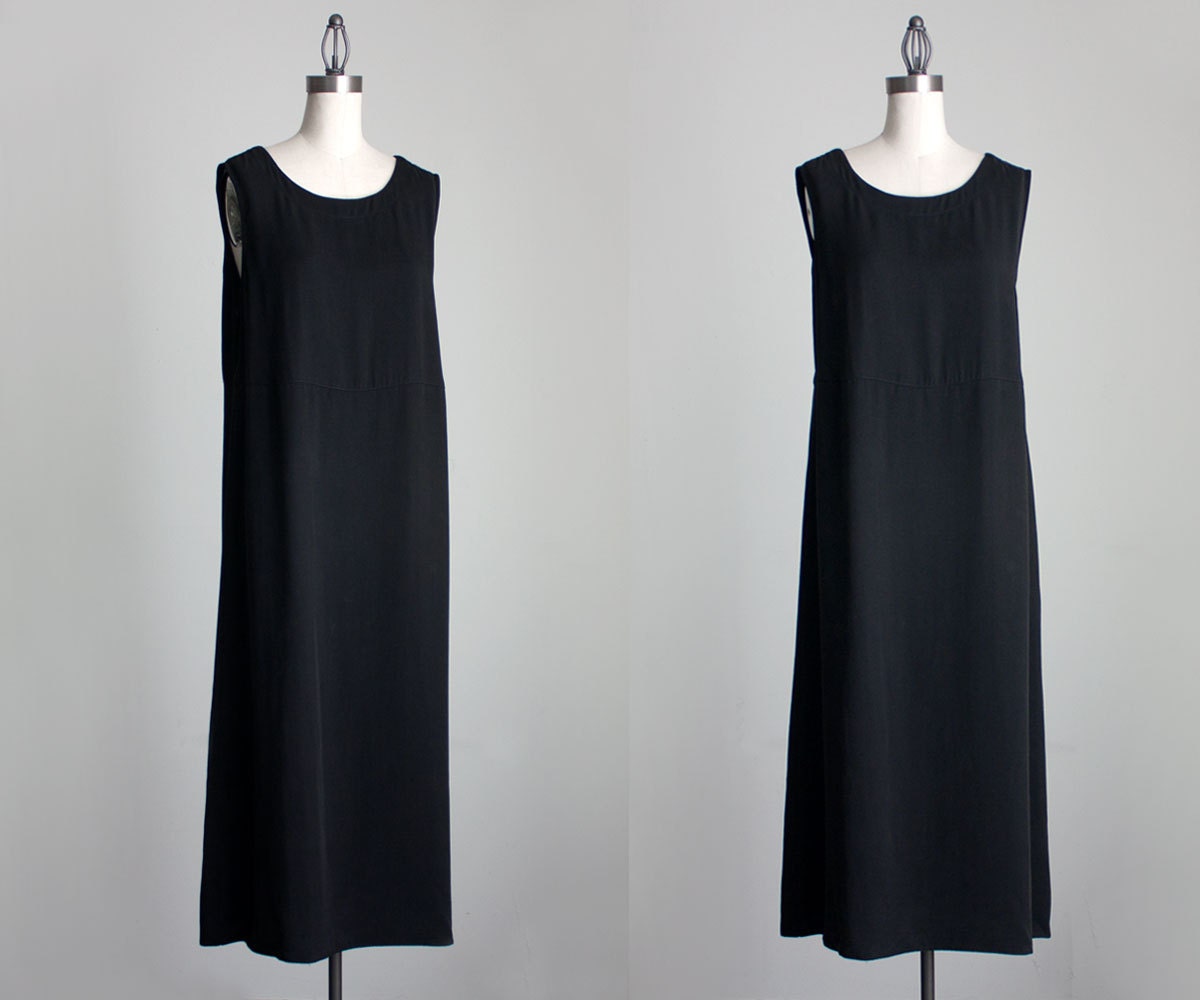 Black Maxi Dress 1990s Vintage Simple Black Tencel Tunic Maxi Sun Dress