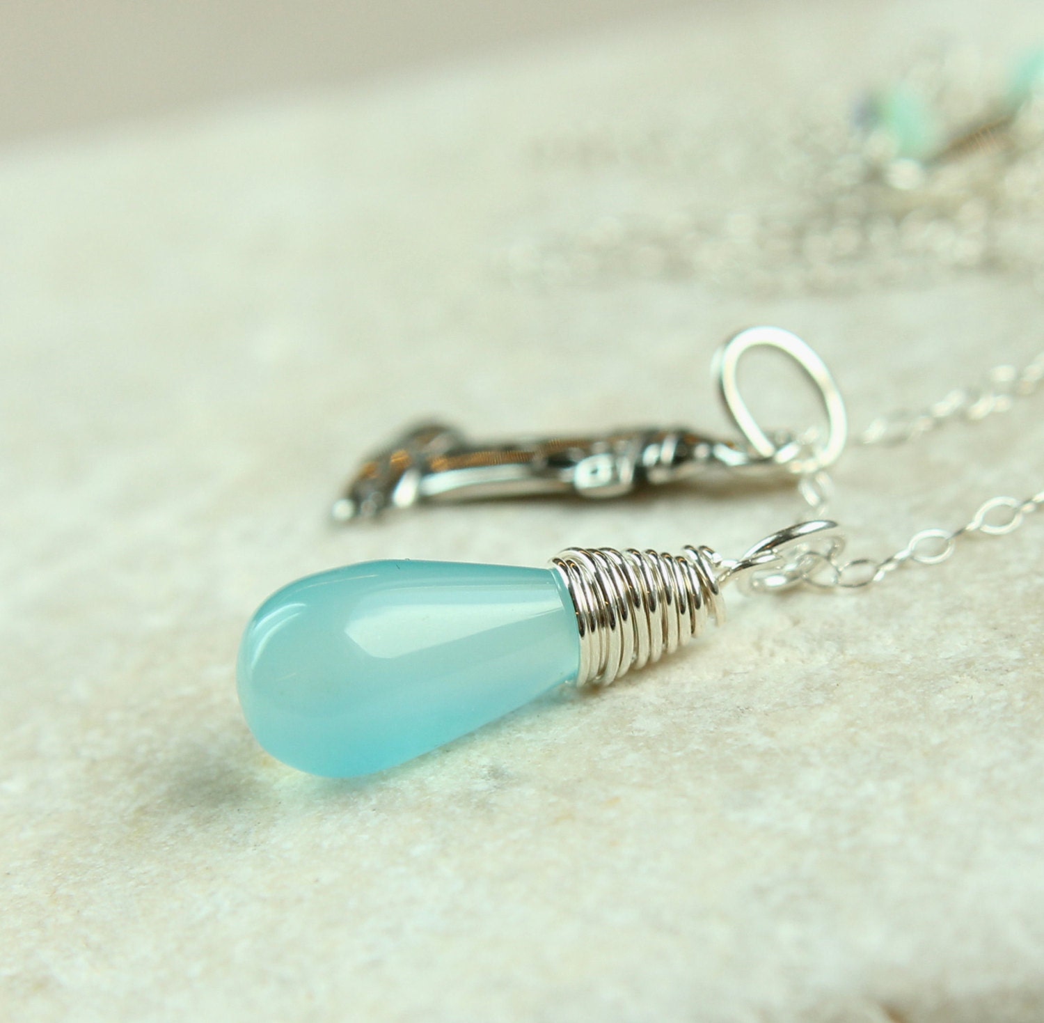 Sea Blue Chalcedony  Necklace -   Sterling Silver -  Lighthouse  -  Charm -     Handmade Jewelry    - Chalcedony  Jewelry - Wire Jewelry