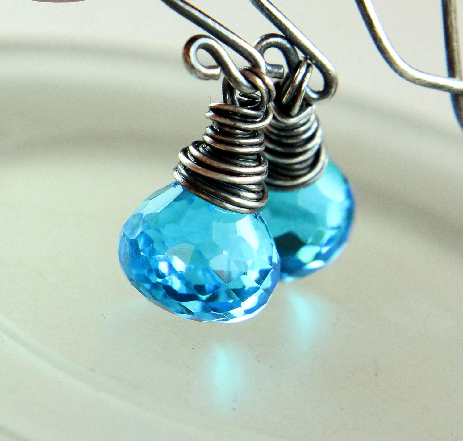 Blue  Quartz Earrings  -  Oxidized  Silver -   Wire Jewelry -  Aqua  -  Gem -   Gemstone Earrings -  Quartz Jewelry