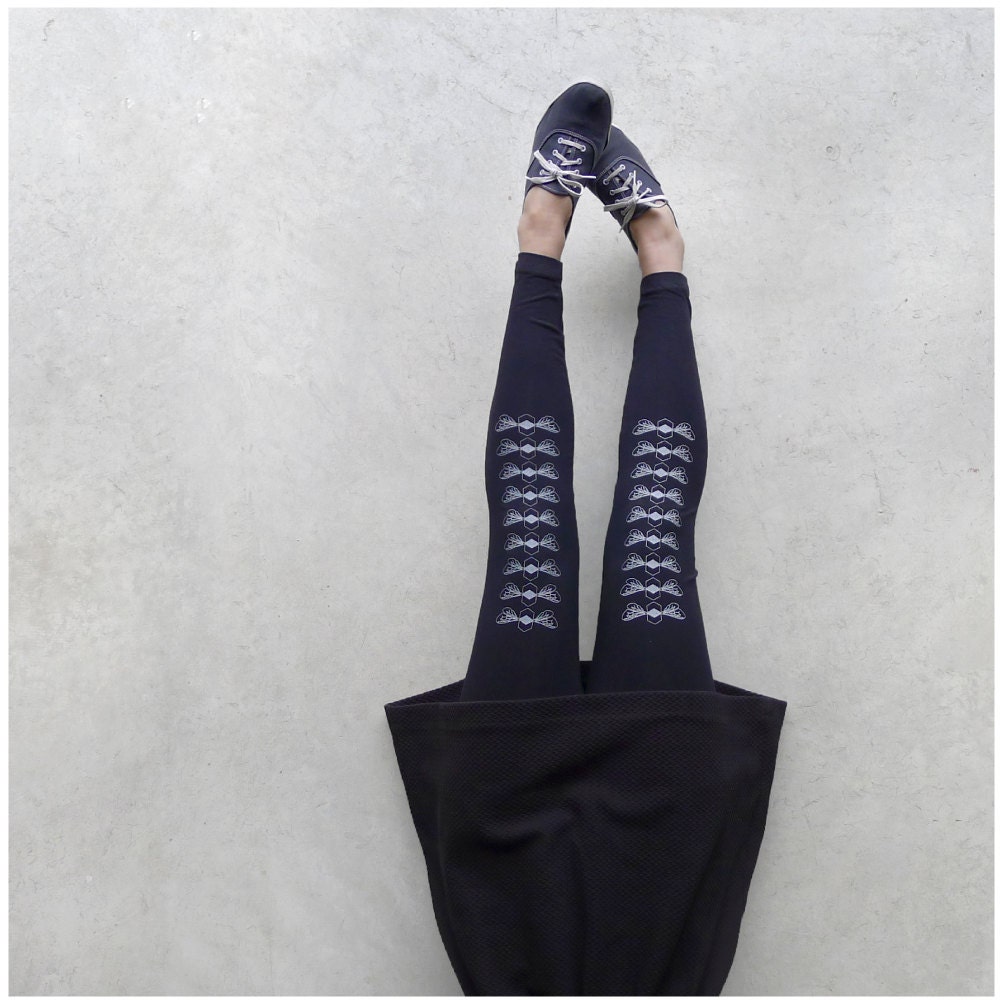 The Bees Knees - high waisted leggings - diamond honey bee print on black jersey spandex -  womens leggings - Blackbird Tees