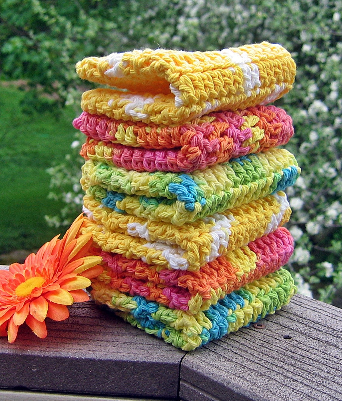 Cotton Crochet Kitchen Dishcloths Handmade Washcloths - Eco Friendly and Green - Total of 6 - Crochet Cotton Wash Cloths Dish Cloths