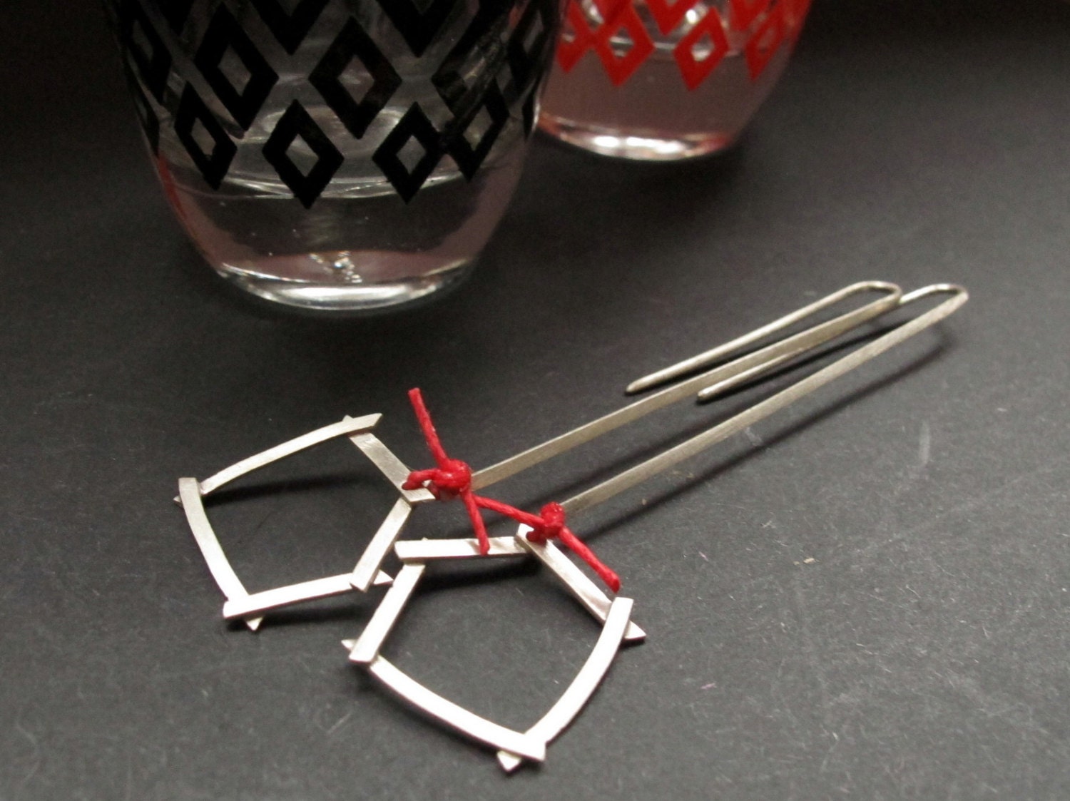 Long Sterling Silver Earrings with Red Linen Ties - Threads - Textile jewelry - Geometric Dangle Earrings