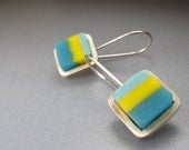 Stripe - Striped Resin Earrings - Turquoise Green, Teal Blue, Sunny Yellow - One of a Kind