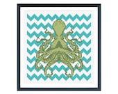 Octopus with Teal Chevron Cross Stitch Pattern Instant Download