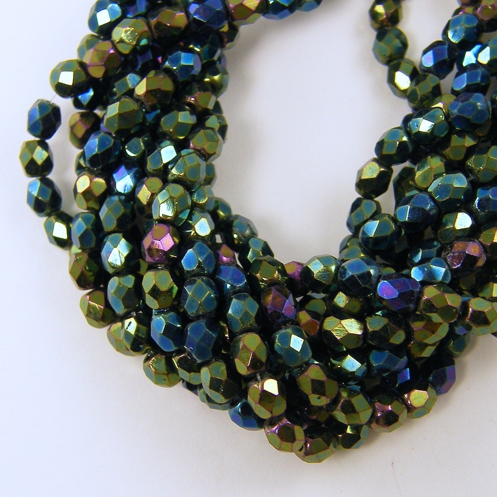 4mm Faceted Round Iris Green Beads Czech Glass Oil Slick Jewelry Supplies