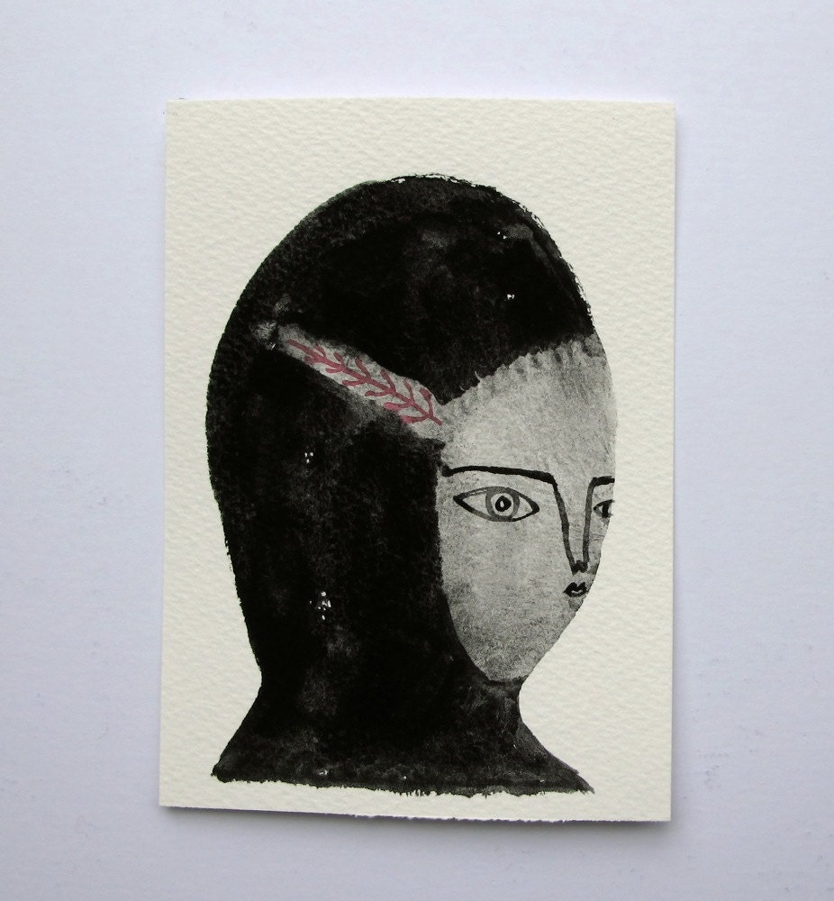 folk portrait with red feather - an original gouache painting