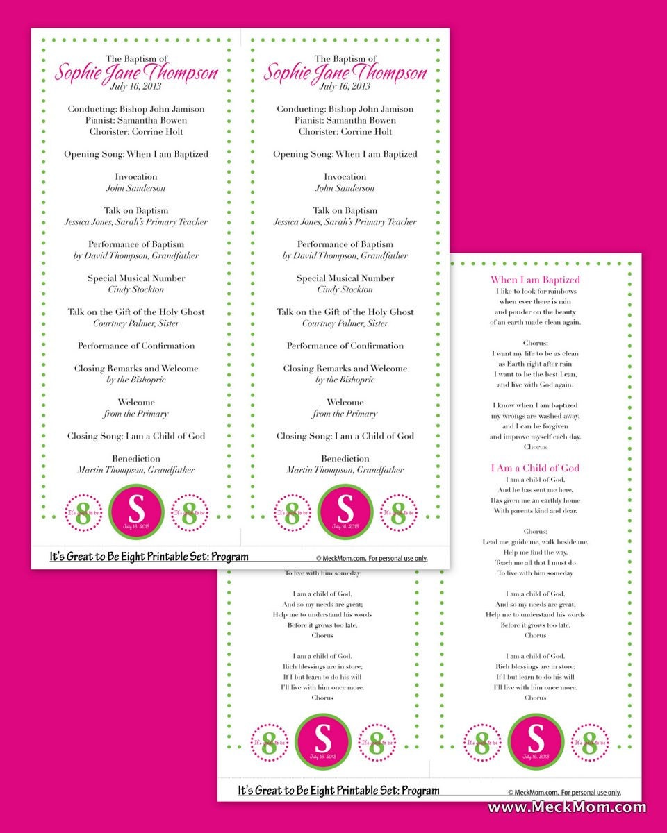 Personalized LDS Baptism Printable Program for Girls - Any Color Combination