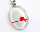 Bird white and red pendant  - hand painted glass -