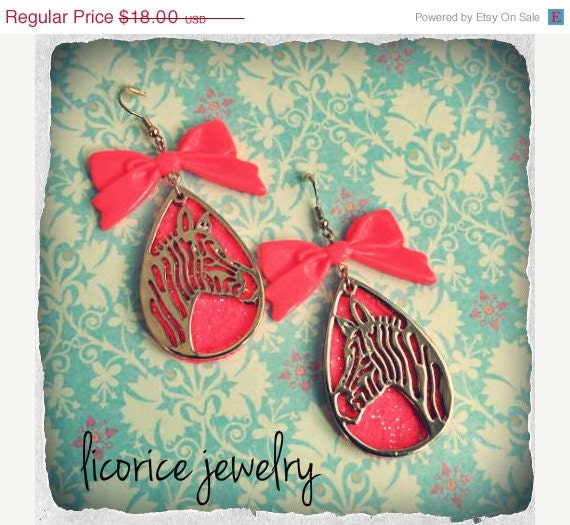 33% OFF  Sale Pink Glitter Golden Zebra Dangle Earrings retro vintage style emo scene lolita bow nerd chic fashion doll