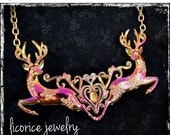33% OFF  Sale Huge Pink Amber Topaz Tattoo Chest piece Inspired Winter Deer Stag Necklace irridecent shabby chic  victorian couture  creepy