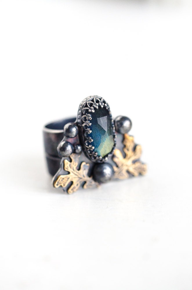 Sterling Labradorite Ring, Oak Leaves, Lady of the Wood